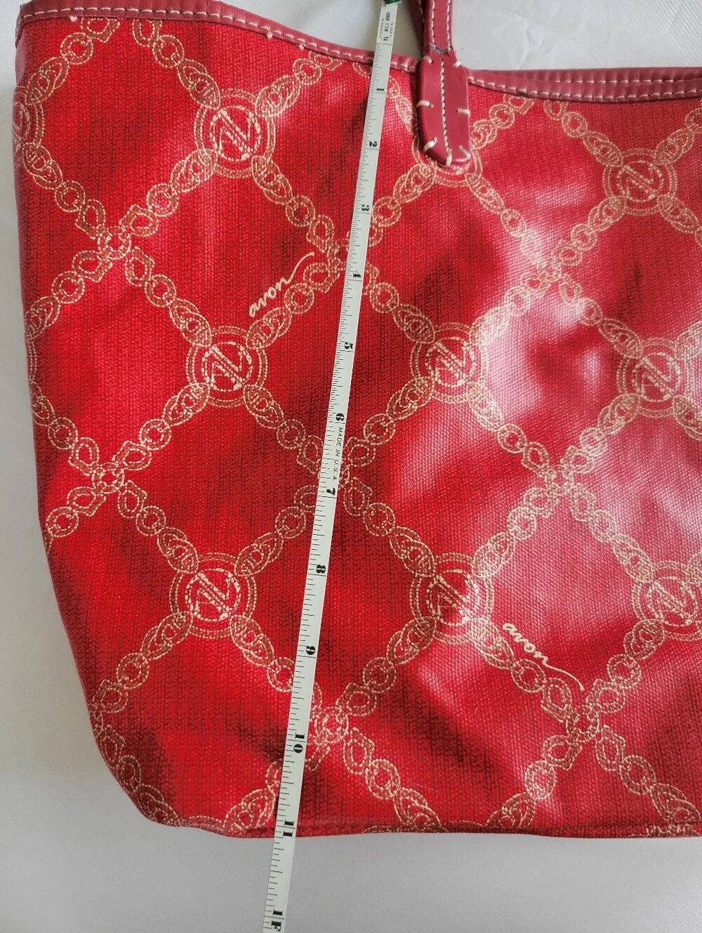 VTG Avon Red Canvas Chain Link Tote Bag & Matching Pouch Set